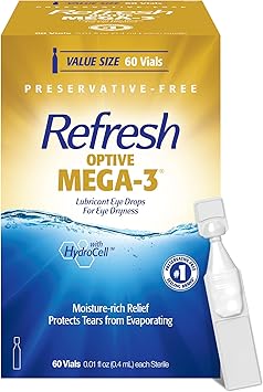 Refresh进口代理批发 Refresh Optive MEGA-3 润滑剂滴眼液不含防腐剂人工泪液，0.01 液量盎司（0.4 毫升），60 个一次性容器