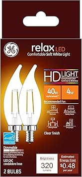 GE进口代理批发 GE Relax LED 灯泡，40 瓦，柔和的白色，装饰灯泡，透明，小底座 2 件（1 件装）