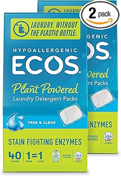 ECOS进口代理批发 ECOS 洗衣剂包，80 包 - 100% 无塑料包装 - 方便、整洁的洗涤皂包 - 低过敏性，适合敏感肌肤 - 自由透明