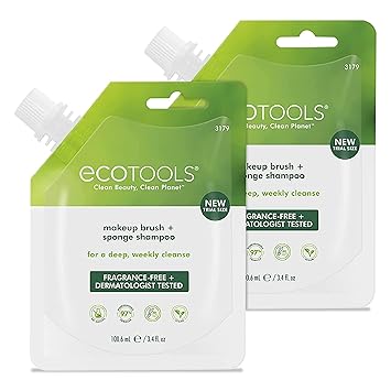 EcoTools进口代理批发 EcoTools 化妆刷和混合海绵洗发水，去除刷子和海绵上的污垢、化妆品和杂质，旅行装，非常适合外出携带，防过敏，3.4 液体盎司/100.6 毫升小袋，2 件装