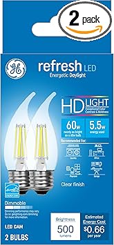 GE进口代理批发 GE lighting 36848 Daylight Refresh HD 60W 透明 CA11（2 件装），2 个灯泡，2 个