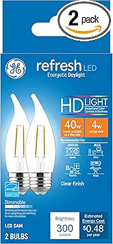 GE进口代理批发 GE Refresh LED 灯泡，蜡烛灯，40 瓦，日光透明装饰 CA11 灯泡（2 件装）