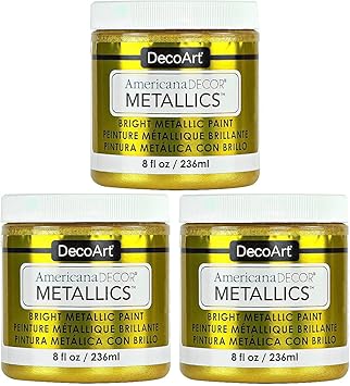 DecoArt进口代理批发 DecoArt Americana Metallics 24K 金漆，3 件装 8 盎司金属 24K 金丙烯酸漆 - 水性多表面涂料，适用于艺术和工艺品、家居装饰、墙面装饰