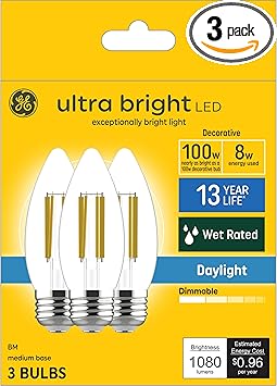 GE进口代理批发 GE 超亮 LED 灯泡，100W，日光蜡烛灯，透明装饰 B12 灯泡（3 件装）