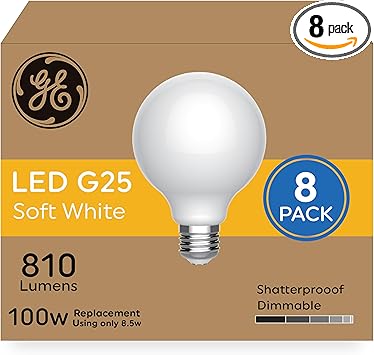 GE进口代理批发 GE 超亮 LED 灯泡，100 瓦当量，柔和白色，磨砂 G25 球形灯泡（8 件装）