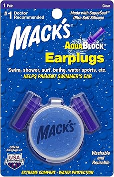 Mack's进口代理批发 Mack's AquaBlock 游泳耳塞，1 对 - 舒适、防水、可重复使用的硅胶耳塞，适合游泳、浮潜、淋浴、冲浪和沐浴（紫色）