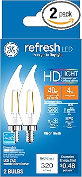 酷牌库|商品详情-GE进口代理批发 GE Refresh LED 灯泡，40W，日光蜡烛灯，透明装饰灯泡，小底座（2 件装）