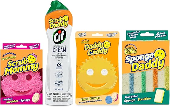 Scrub Daddy进口代理批发 Scrub Daddy + Cif 套装 - 包括 Cif 多功能清洁剂、磨砂妈咪海绵、Daddy Caddy 海绵支架、Sponge Daddy 彩色涂层海绵（4 件套）