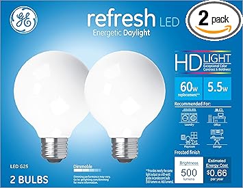 酷牌库|商品详情-GE进口代理批发 GE Refresh LED 灯泡，60 瓦，日光，G25 球形灯泡，中号底座（2 件装）