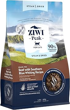 ZIWI进口代理批发 ZIWI Peak 蒸汽干猫粮牛肉配南方蓝鳕鱼食谱 - 高蛋白、皮肤和毛发健康、低碳水化合物、适合所有生命阶段（1.8 磅）