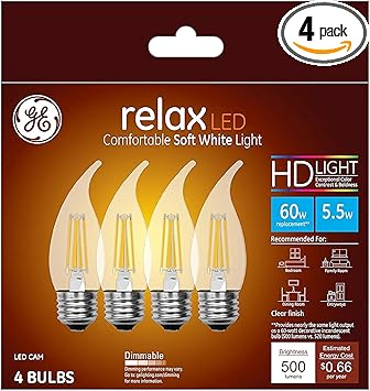 酷牌库|商品详情-GE进口代理批发 GE Relax LED 灯泡，60W，柔和的白色蜡烛灯，透明装饰灯泡，中号底座（4 件装）