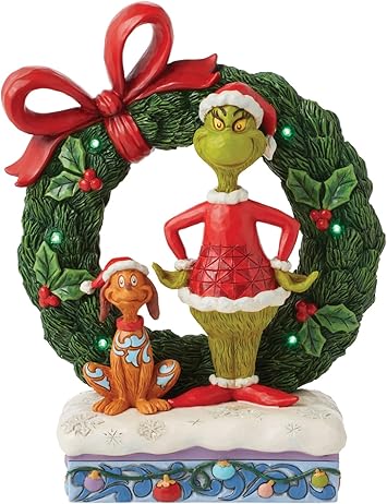 Enesco进口代理批发 Enesco Dr. Seuss Grinch 由 Jim Shore Grinch 和 Max 站在花圈点亮雕像旁，树脂石手工制作收藏级发光圣诞雕像家居装饰雕塑雕像 8.2 英寸，多色