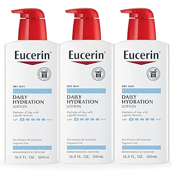 Eucerin进口代理批发 Eucerin 适合干性皮肤的每日保湿身体乳液，无香型身体保湿霜，含葵花籽油和维生素原 B5，16.9 液体盎司瓶装，3 件装