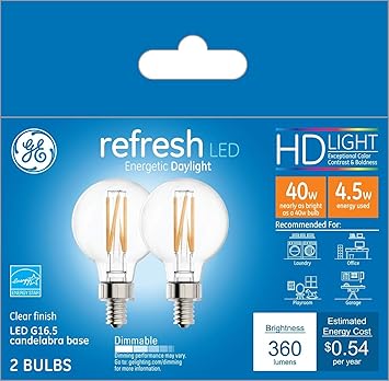 酷牌库|商品详情-GE进口代理批发 GE Refresh LED 灯泡，40 瓦，日光，G16.5 球形灯泡，小底座（2 件装）