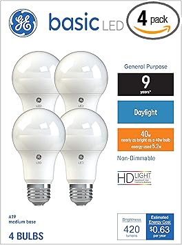 GE进口代理批发 GE 基本 LED 灯泡，40 瓦，日光，A19（4 件装）