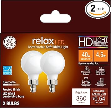 GE进口代理批发 GE Relax LED 灯泡，40 瓦，柔和的白色，G16.5 球形灯泡，磨砂，小底座（2 件装）