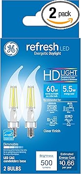 酷牌库|商品详情-GE进口代理批发 GE Refresh LED 灯泡，60 瓦，日光，装饰灯泡，透明，小底座（2 件装）