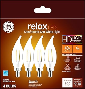 GE进口代理批发 GE Relax LED 灯泡，40 瓦，日光，装饰灯泡，透明，小底座（4 件装）