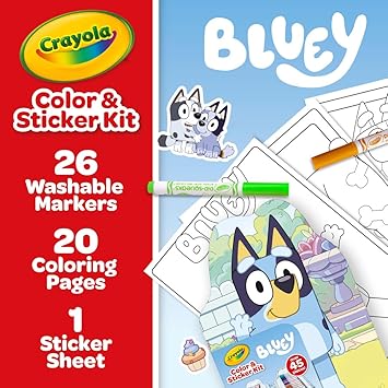 酷牌库|商品详情-Crayola进口代理批发 Crayola Bluey 儿童艺术套件（45?? 件）、Bluey 着色书页、Bluey 儿童贴纸、Bluey 女孩和男孩玩具、节日礼物，4+