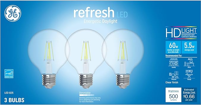 GE进口代理批发 GE Refresh LED 灯泡，60 瓦，日光，G25 球形灯泡，透明，中号底座 3 颗，（1 件装）