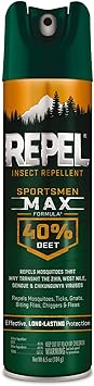 Repel进口代理批发 Repel 驱虫剂 Sportsman Max 配方，驱除蚊子、蜱虫、蚊虫、叮咬苍蝇，40% 避蚊胺（气雾喷雾）6.5 液量盎司