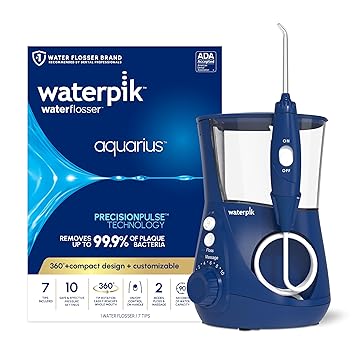 Waterpik进口代理批发 Waterpik Aquarius 水牙线专业用于牙齿、牙龈、牙套、牙科护理，具有 10 种设置的电动功能，7 个提示可满足多个用户和需求，符合 ADA 标准，蓝色 WP-663，包装可能有所不同