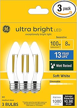 GE进口代理批发 GE 超亮 LED 灯泡，100W，柔和的白色蜡烛灯，透明装饰 B12 灯泡（3 件装）