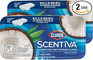 Clorox进口代理批发 Clorox Scentiva 消毒湿拖把垫，一次性拖把头，椰子和睡莲，2 包，每包 24 个湿补充装（包装可能有所不同）