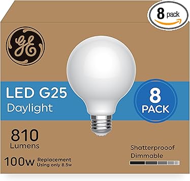 GE进口代理批发 GE 超亮 LED 灯泡，100 瓦当量，日光，磨砂 G25 球形灯泡（8 件装）