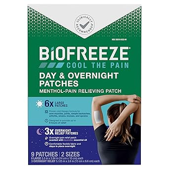 Biofreeze进口代理批发 Biofreeze 日间和夜间止痛贴片，用于缓解关节炎和肌肉疼痛的薄荷醇止痛贴片，舒适灵活的织物保持原位，符合 FSA/HSA 资格，9 片（6 天，3 晚）