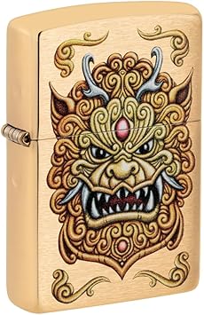 Zippo进口代理批发 Zippo Foo Dog 设计拉丝黄铜袖珍打火机