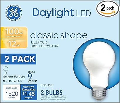 GE进口代理批发 GE LED 灯泡，100 瓦，日光，A19（2 件装）