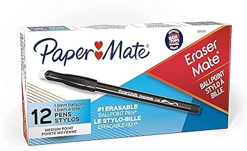 Paper Mate进口代理批发 Erasermate Stick 中号圆珠笔，12 支黑色墨水笔 2 支（12 支）