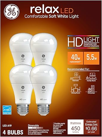 GE进口代理批发 GE Relax LED 灯泡，40 瓦，柔和白色，A19，4 颗（1 件装）