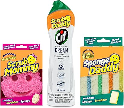 Scrub Daddy进口代理批发 Scrub Daddy + Cif 套装 - 包括 Cif 多功能清洁剂、磨砂妈妈海绵和 Sponge Daddy 彩色涂层海绵（4 件套）