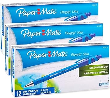 Paper Mate进口代理批发 Paper Mate 9510131 Flexgrip Ultra ST 可伸缩圆珠笔，每盒 12 支，每盒 3 盒，笔尖尺寸 1 毫米，蓝色；具有带纹理的橡胶枪管；钢制法兰头具有额外的耐用性