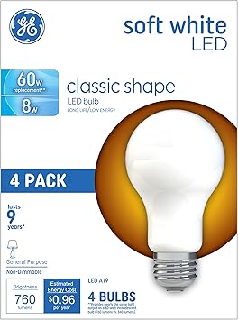 GE进口代理批发 GE LED 灯泡，60 瓦，柔和白色，A19（4 件装）