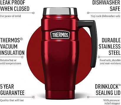 酷牌库|商品详情-THERMOS进口代理批发 Thermos 不锈钢大红色旅行杯（470 毫升），可重复使用的隔热不锈钢咖啡杯，适合热饮或冷饮，真空密封水瓶，带防漏盖，7 小时热/18 小时