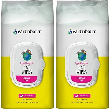 earthbath进口代理批发 Earthbath，低过敏猫湿巾 - 适用于爪子和屁股的无香型猫湿巾，适合皮肤敏感猫的最佳宠物湿巾，美国制造，无残忍猫清洁湿巾 - 100 片（2 片装）