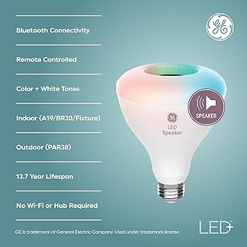 酷牌库|商品详情-GE进口代理批发 GE LED+ BR30 LED 灯泡，室内变色无线蓝牙扬声器泛光灯，带遥控，10W，多色 + 柔和白色（1 件装）