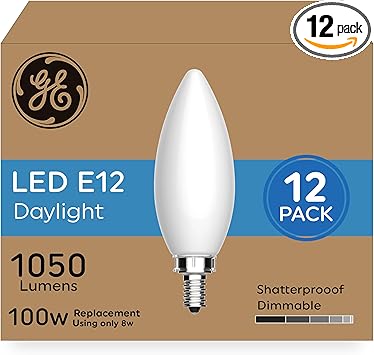 GE进口代理批发 GE 超亮 LED 灯泡，100W，日光蜡烛灯，装饰灯泡，磨砂（12 件装）