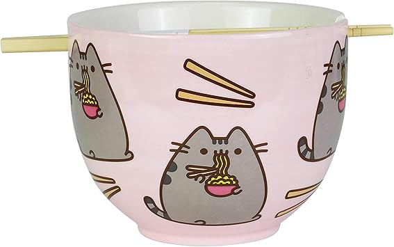 酷牌库|商品详情-Enesco进口代理批发 Enesco Pusheen 我们的名字是泥拉面碗和筷子套装，4 英寸，粉色，18 液量盎司