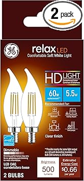 GE进口代理批发 GE Relax LED 灯泡，蜡烛灯，60 瓦，柔和白色透明装饰 CA11 灯泡，小底座（2 件装）