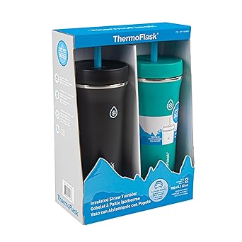 酷牌库|商品详情-Thermoflask进口代理批发 Thermoflask 32 盎司绝缘标准吸管杯，2 件装，黑色/青绿色