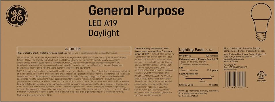 酷牌库|商品详情-GE进口代理批发 GE LED 灯泡，60 瓦，日光，A19（20 个装）