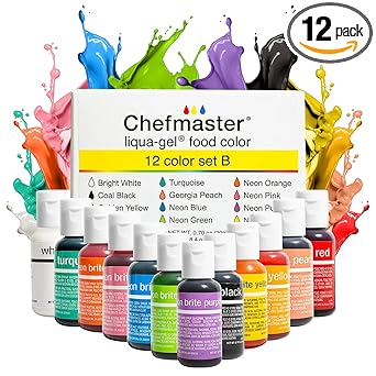 Chefmaster进口代理批发 Chefmaster - Liqua-Gel 食用色素 - 12 色套装 B - 防褪色 - 12 件装 - 鲜艳、引人注目的色彩，易于混合配方，防褪色 - 美国制造