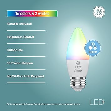 酷牌库|商品详情-GE进口代理批发 GE LED+ 变色蜡烛 LED 灯泡带遥控，6W，装饰灯泡，中号底座（8 件装）