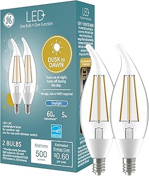 酷牌库|商品详情-GE进口代理批发 GE LED+ CA11 黄昏到黎明 LED 灯泡，自动开/关户外安全灯，日光，E12 烛台底座（2 件装）