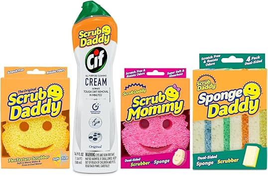 Scrub Daddy进口代理批发 Scrub Daddy + Cif 套装 - 包括 Cif 多功能清洁剂、磨砂妈妈海绵、磨砂爸爸海绵、海绵爸爸彩色涂层海绵（4 件套）