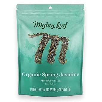 酷牌库|商品详情-Mighty Leaf进口代理批发 Mighty Leaf 散叶茶，有机春天茉莉花，1 磅袋可重新密封袋含少量咖啡因的散叶有机绿茶，带有茉莉花蕾香味，美味热饮或冰饮